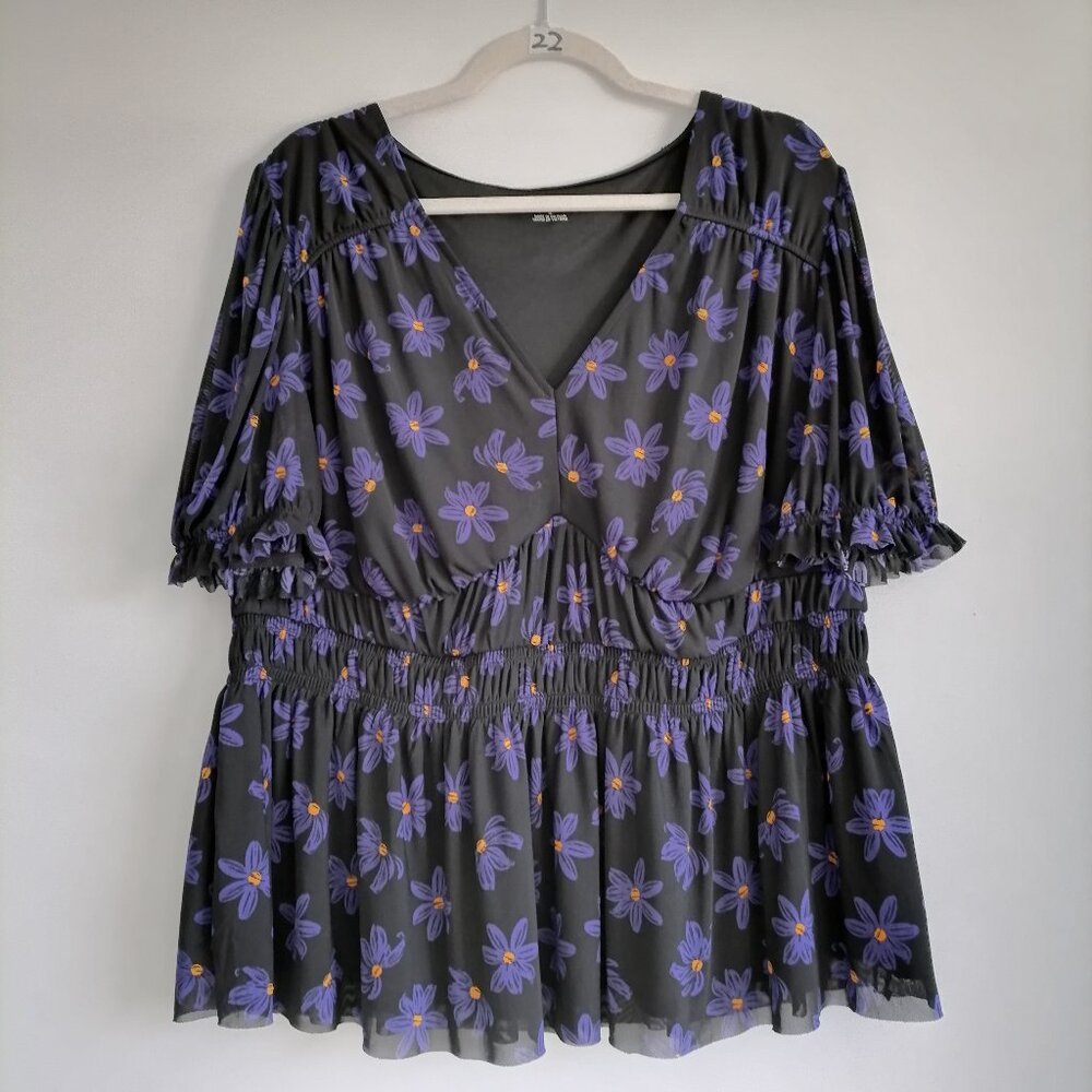 Ava & Viv Women Black Blue Puff Sleeve Floral Print Peplum Blouse Top Plus Sz 1X